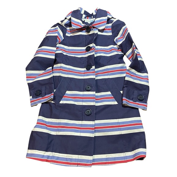 Boden Women's Blue Red Striped Trench Raincoat Jacket Size 6 Removable Hood - Picture 1 of 7